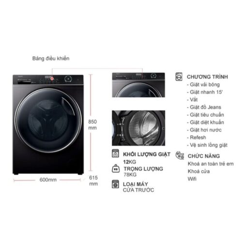 Kích thước máy Giặt Aqua Inverter 12 Kg AW12-B4959U1K(B) cửa trước