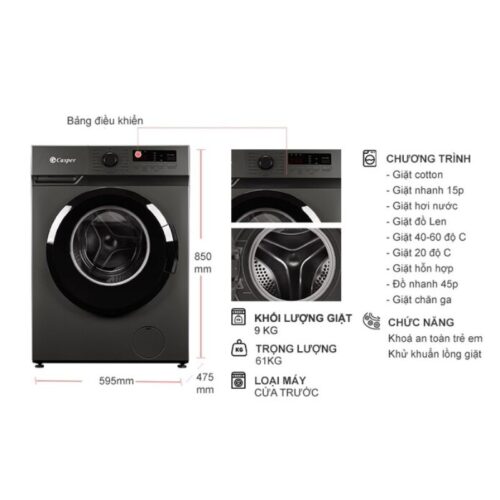 Kích thước máy Giặt Casper Inverter 9 Kg WF-9VG1 cửa trước