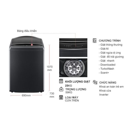 Kích thước máy Giặt LG Inverter 25 Kg TV2725SV9J cửa trên