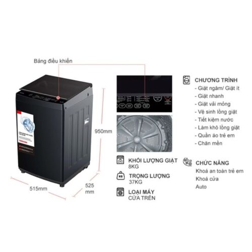 Kích thước máy Giặt Toshiba 8 Kg AW-M905BV(MK) cửa trên