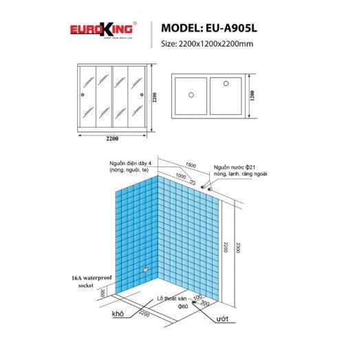 Kích thước phòng xông hơi Euroking EU-A905L